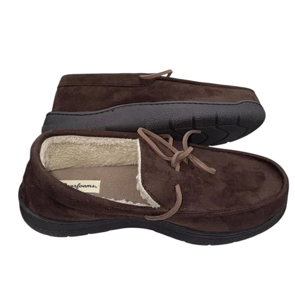 Dearfoams Men’s Microsuede Toby Moccasin Slippers Coffee Sz. M 9/10 Fleece Lined